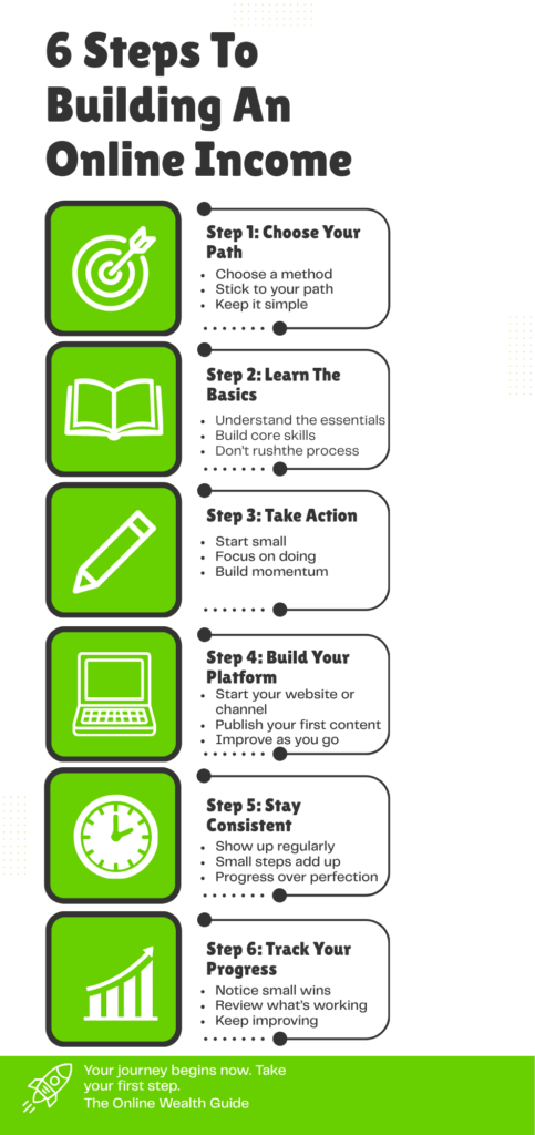Infographic showing the 6 steps to building an online income.
