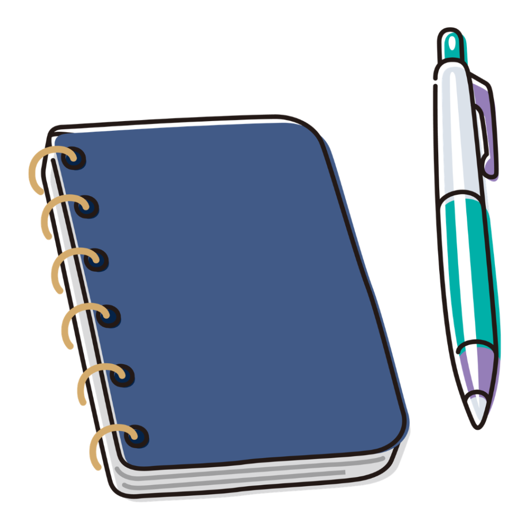 Blue notebook and pen on a white background
