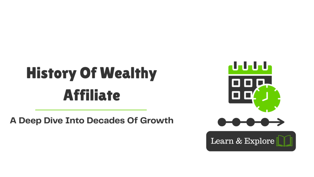 Blog banner for The History of Wealthy Affiliate article featuring a timeline icon and the text ‘History of Wealthy Affiliate: A Deep Dive Into Decades of Growth’