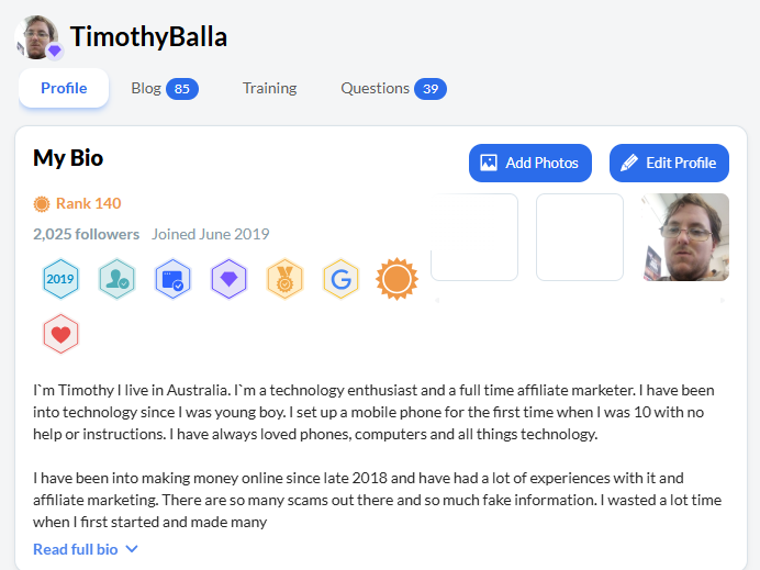 Screenshot of my Wealthy Affiliate profile showing my rank, badges, followers, and bio.