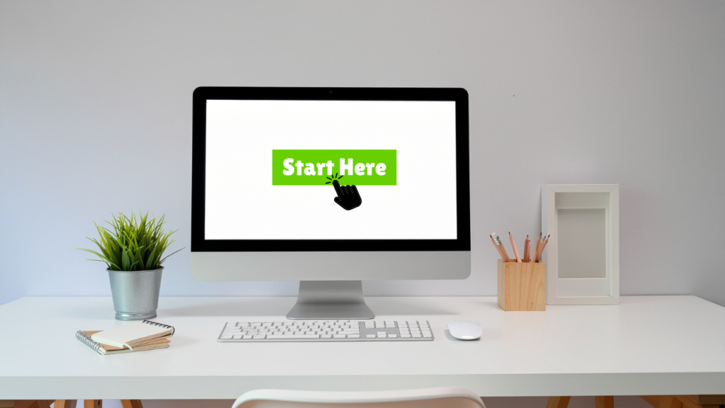 Workspace with a computer showing a green ‘Start Here’ button and a black cursor pointing at it.