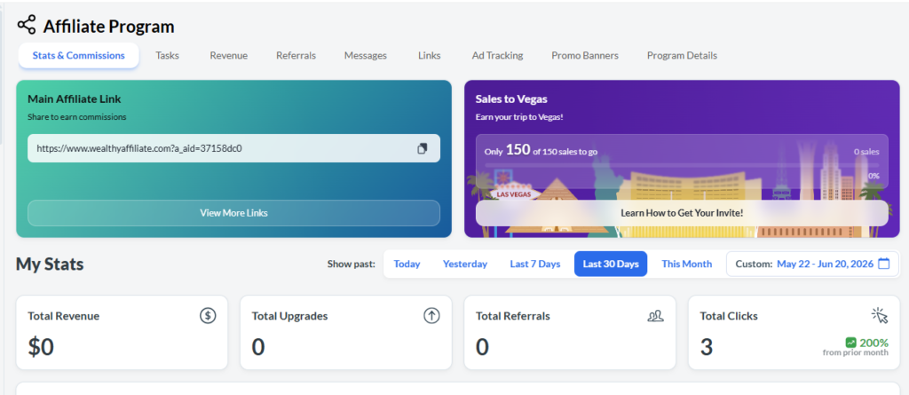 Screenshot of the Wealthy Affiliate Affiliate Dashboard showing stats, affiliate link, and Vegas progress