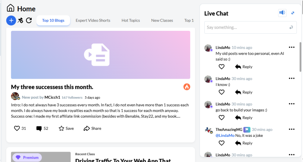 Screenshot of the Wealthy Affiliate community feed showing member blog posts and live chat activity.