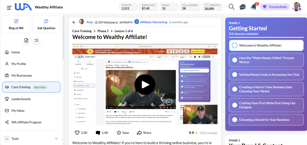 Screenshot of the Wealthy Affiliate core training showing the lesson list and beginner modules.