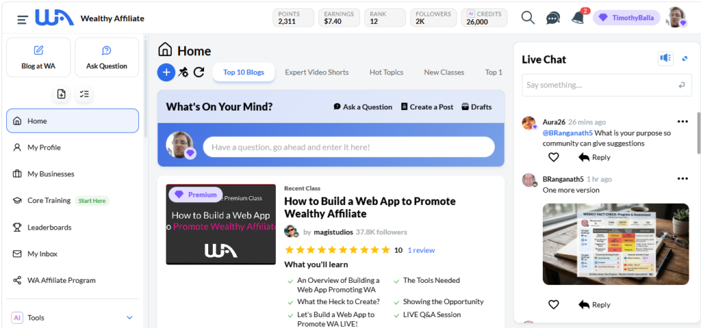 Screenshot of the Wealthy Affiliate dashboard showing the main menu, training modules, and community features.