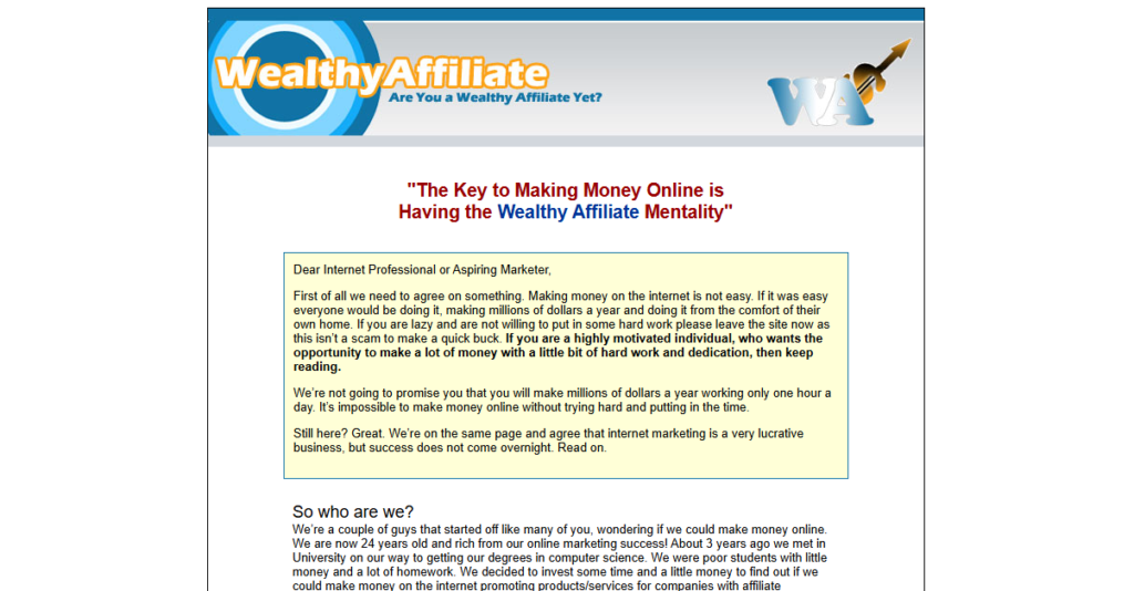 Screenshot of the original 2005 Wealthy Affiliate homepage featuring the early WA logo and sales‑letter style introduction.