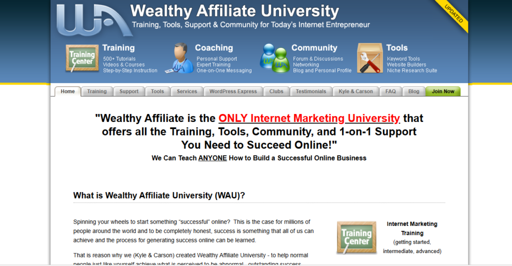 Screenshot of the 2011 Wealthy Affiliate University interface showing training, coaching, community, and tools during the platform’s growth phase.
