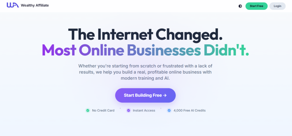 Screenshot of the modern Wealthy Affiliate homepage featuring updated branding, AI‑focused messaging, and the current platform design.