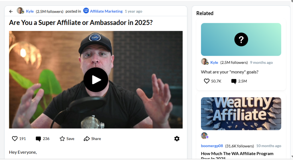 Screenshot of Kyle’s video post discussing the Super Affiliate and Las Vegas conference.