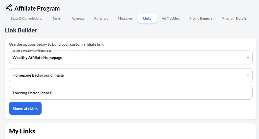 Screenshot of the Wealthy Affiliate Link Builder showing options to generate custom affiliate links.