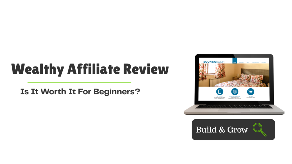 Wealthy Affiliate Review banner featuring the title "Wealthy Affiliate Review: Is It Worth It For Beginners?" centered on a white background with a laptop and green design elements.