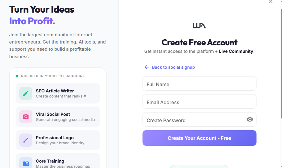 Screenshot of the Wealthy Affiliate sign‑up page showing the free account registration form.