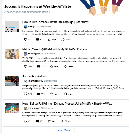 Screenshot of modern Wealthy Affiliate success stories showing real member case studies, earnings updates, and community achievements.
