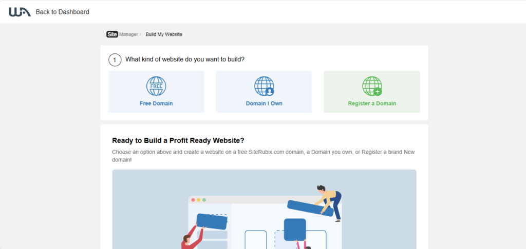 Screenshot of the Wealthy Affiliate SiteRubix website builder showing options for creating a new website.