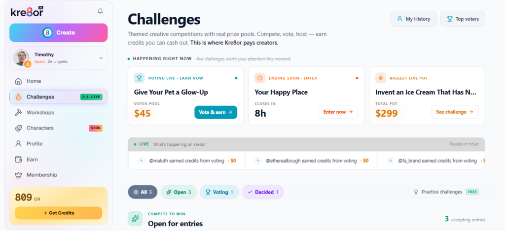 Screenshot of the Kre8or Challenges area showing active challenges and prize pools.