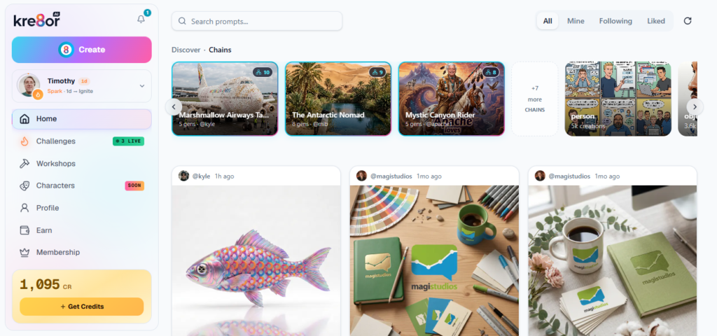 Screenshot of the Kre8or dashboard with user sidebar, credit balance, search bar, and live feed of AI creations.